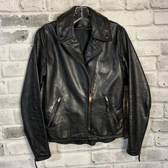 Vintage 90s Black Leather Motorcycle Biker Moto Jacket - Picture 1 of 16